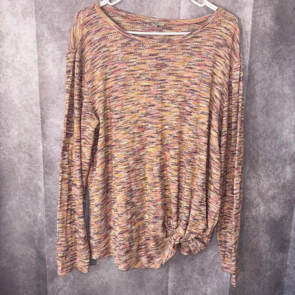 LOFT Outlet‎ Women XL Pink Yellow Space Dye Knot Hem Long Sleeve Ribbed Top Boho